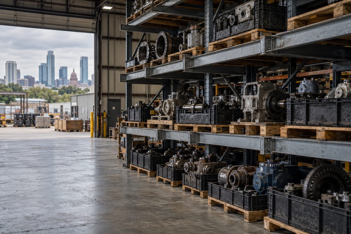 Bavrento warehouse storage racks holding classified machinery parts in Austin Texas